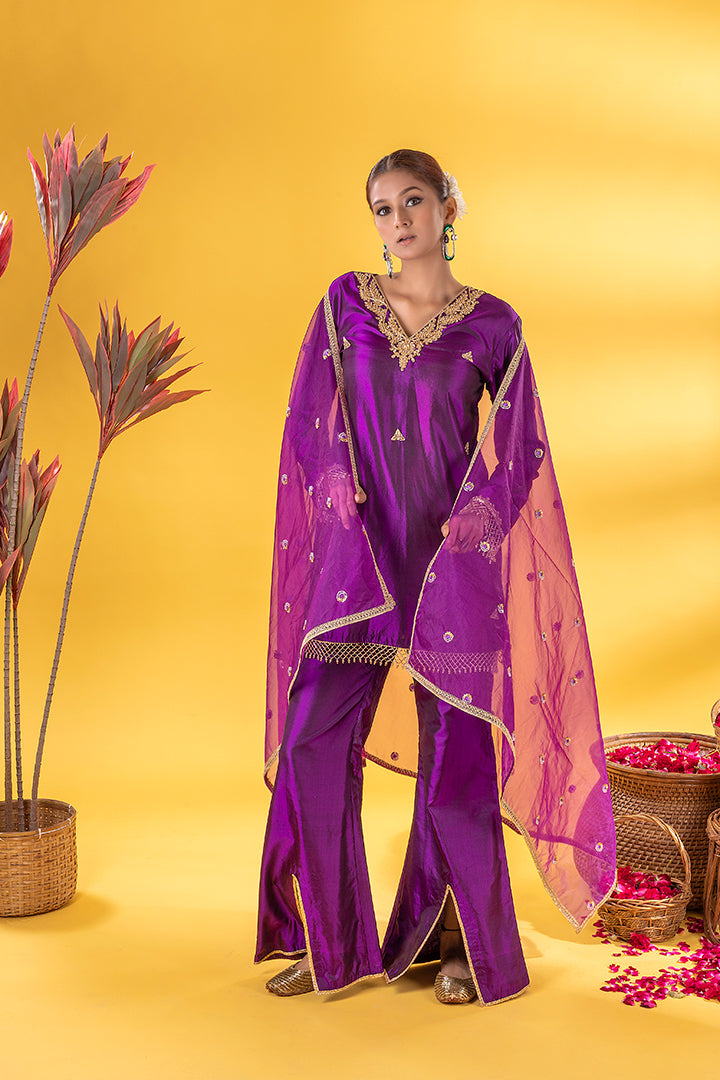 Purple Zardosi Butta Silk Kurta Set With Dupatta